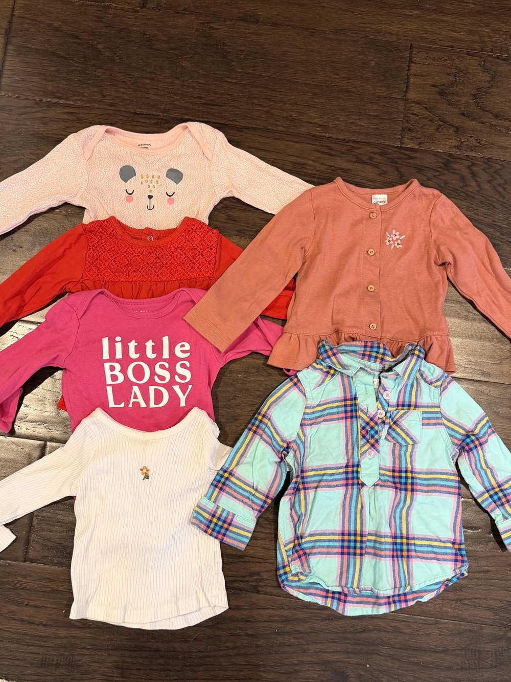 12 Month Girls Long Sleeve Tops Bundle - Pink, Red, Coral, Cream & Plaid